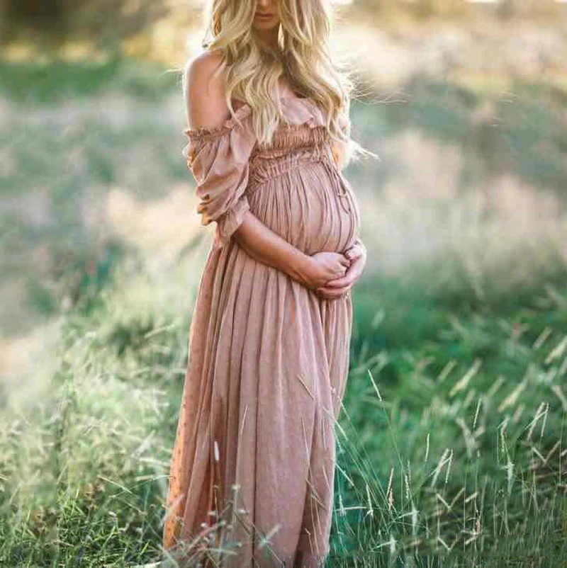 

Boho Style Shoulderless Maternity Dress For Photography Maternity Photography Outfit Maxi Gown Pregnancy Women Folds Long Dress