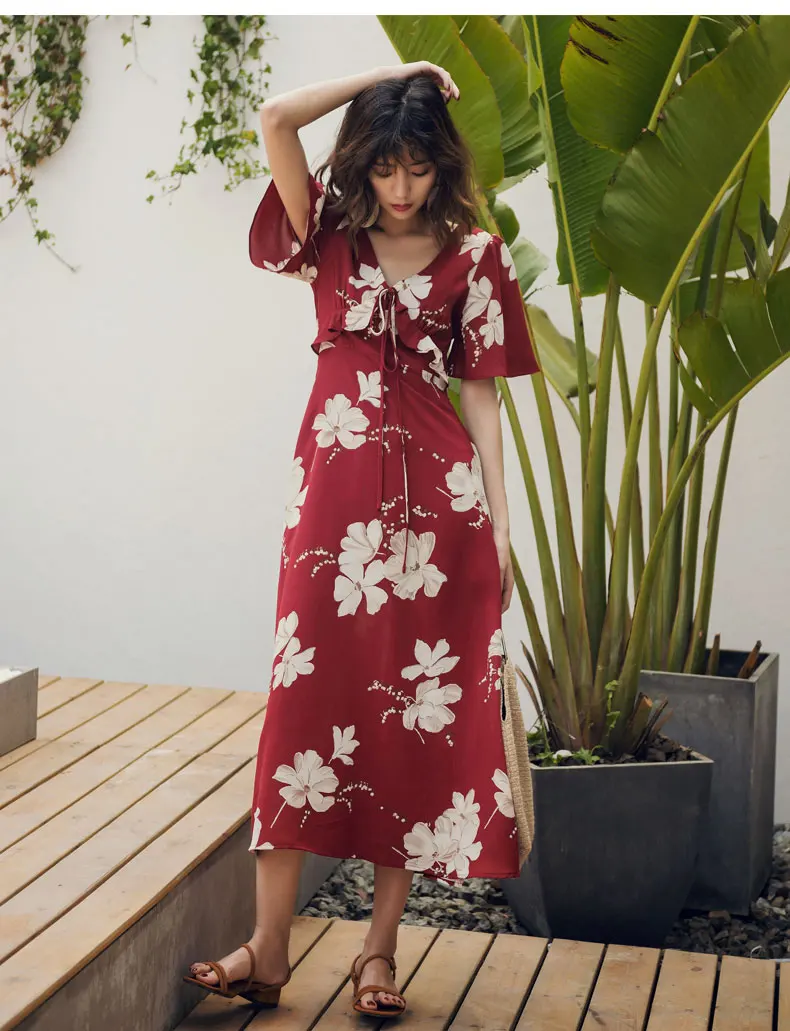 Женское пляжное платье красное с коротким рукавом и цветочным принтом|Женские