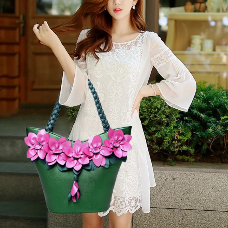

Pu Leather Women Flower Tote Bag Summer New Large Capacity Zipper Travel Bag For Ladies Splicing Color Shoulder Bag