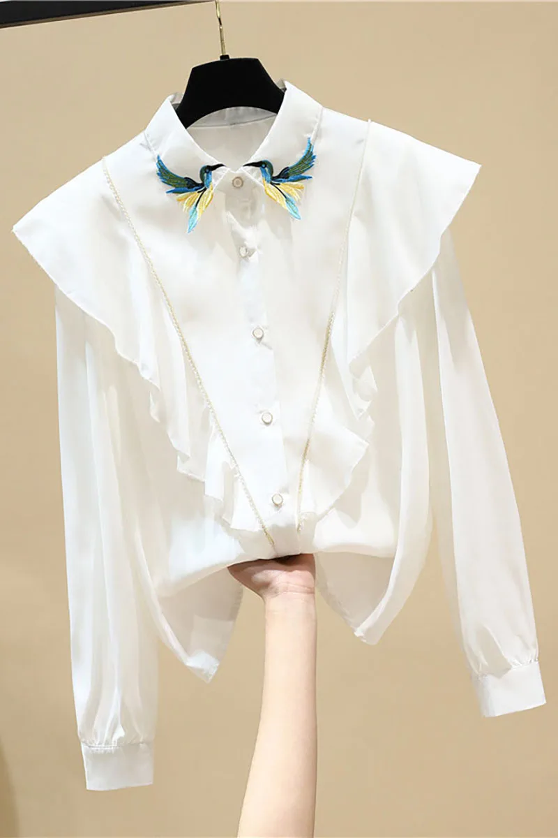 

Embroidered Ruffled Long Sleeve Shirt Women White Blouse 2021 Spring Autumn New Office Lady All-Match Basic Tops Blusas Femme