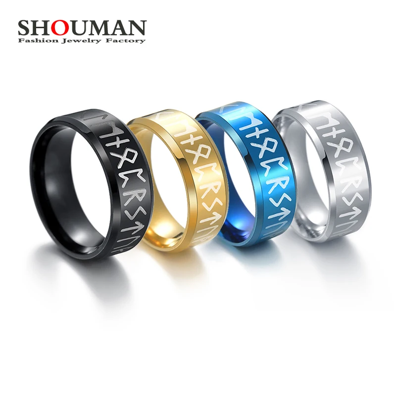 

SHOUMAN Retro Viking Letter Black Gold Blue Silver Color Amulet Vintage Norse Runes Punk Ring for Women and Mens Jewelry