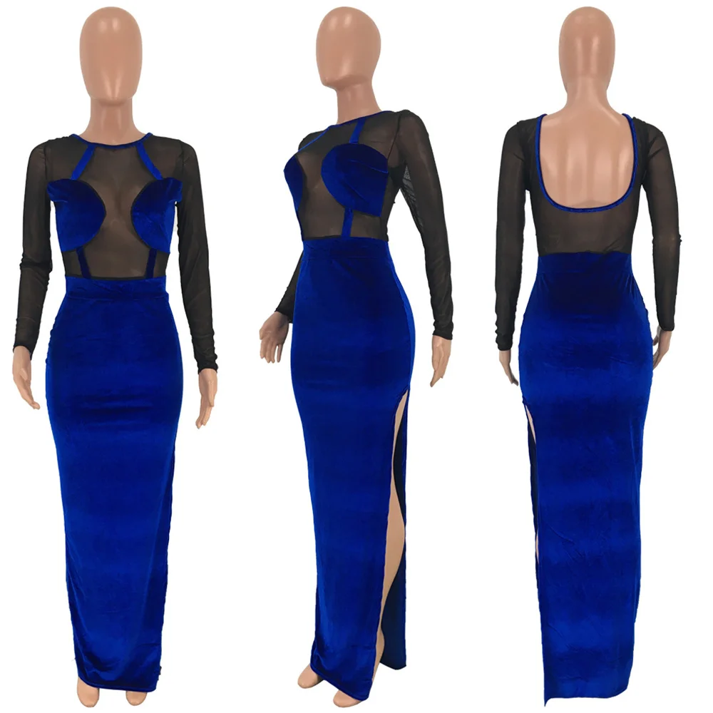

Sexy See Through Womens Dresses O Neck Long Sleeve Spring Dress for Women Casual Solid Color Femme Robe