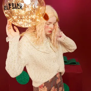 Женский кардиган ELFSACK, однотонный кардиган на пуговицах с жемчугом, 2021, зимний винтажный Мягкий Топ с бриллиантами