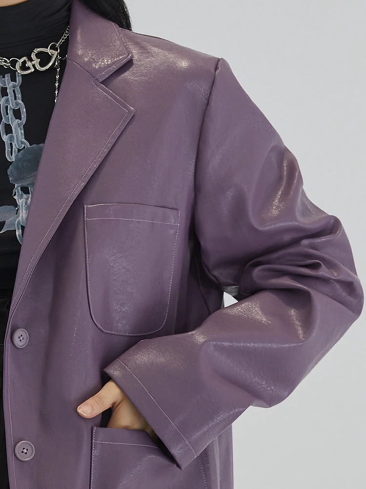 

Nerazzurri Spring purple oversized leather blazer women 2021 long sleeve Loose soft women designer blazers and jackets fashion