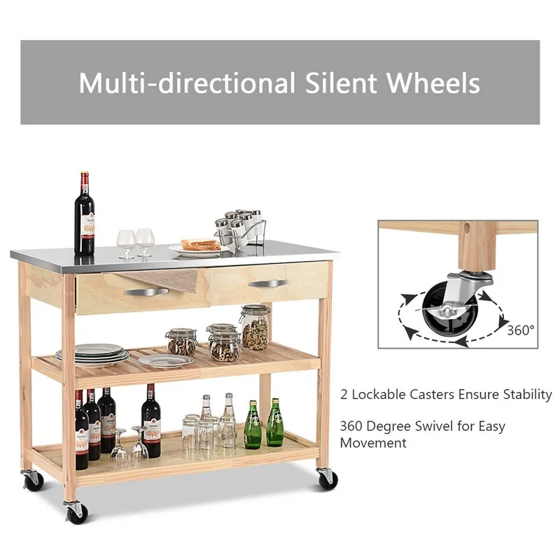 Портативная Кухонная Тележка с столешницей из нержавеющей стали 2 выдвижных