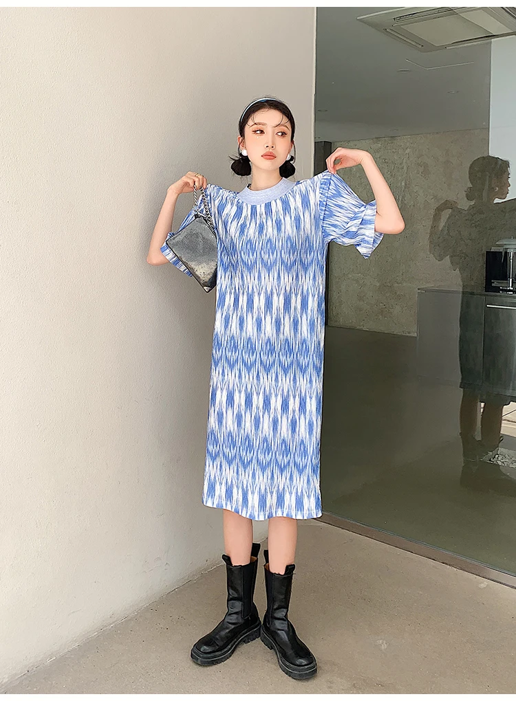 

ZCSMLL Short Sleeve Stitching Printed Thin Dress Women's A-line Skirt Mid-length Blue Dresses Korean Tide 2021 Spring Summer