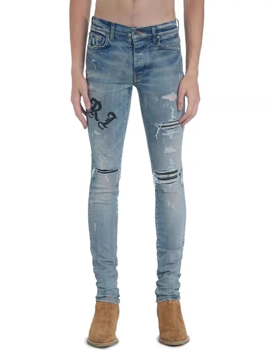 

High version new high street holes do old side letters patchwork leather wash high quality casual jeans man