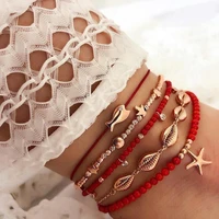 docona 5pcs boho shell red beaded anklet set for women multilayer starfish crystal pendant foot chains ladies beach jewelry 8801