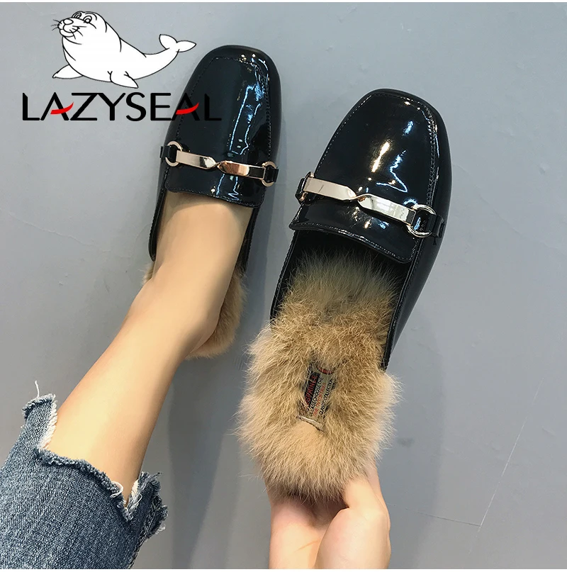LazySeal туфли без задника с натуральным мехом; женские тапочки с квадратным носом; женские Вьетнамки; женские пушистые шлепанцы; Pantuflas Mujer