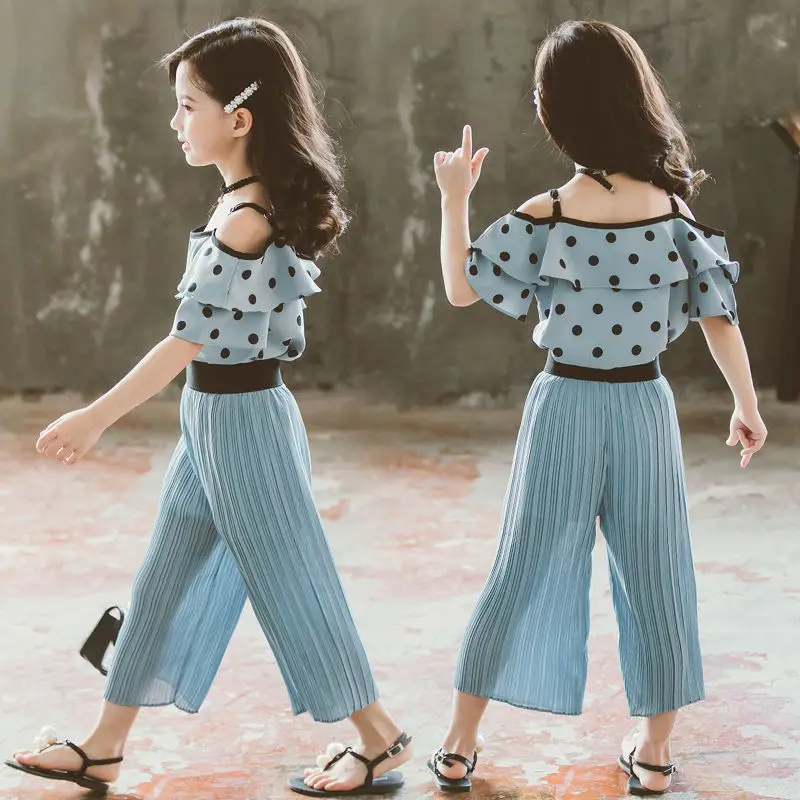 Комплекты одежды для девочек летняя футболка слинг в горошек 2020 + плиссированные