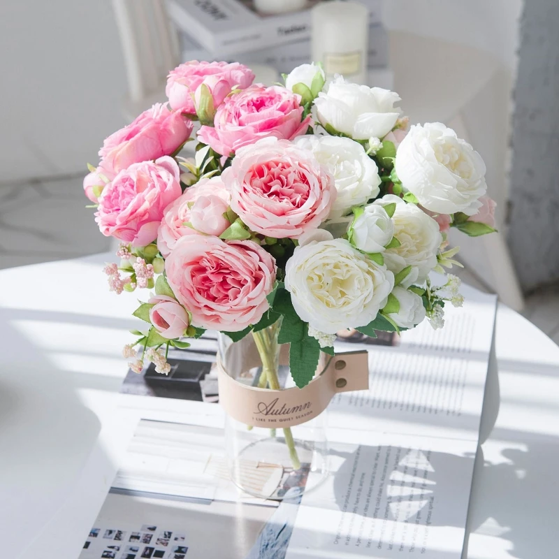 

Pink Roses Artificial Flowers Silk Peonies Wedding Decorative Vases for Home Decor Bride Bouquet Foam Craft Gifts Fake Plants