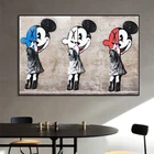 Disney граффити в стиле протестного уличного искусства, девушку обратили с Микки-Маусом из плотной ткани Абстрактная Живопись Мультфильм плакаты и печать, Картина Настенная детская домашний декор