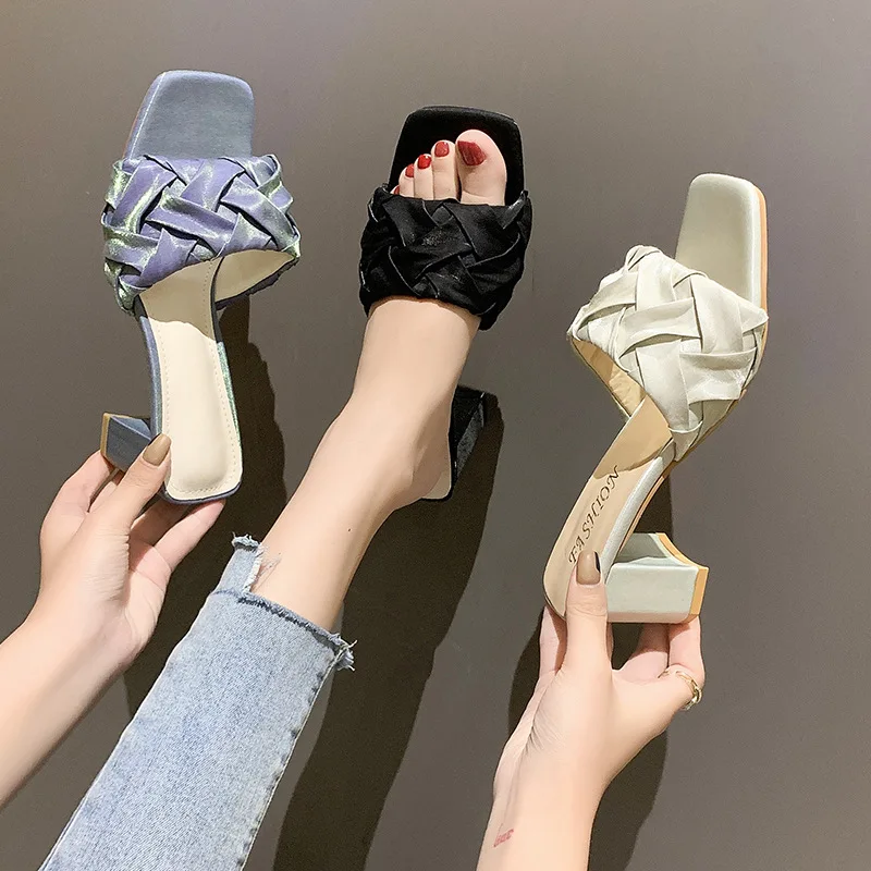 

Luxury Slides Women 6cm High Heels Mules Fetish Pumps Individual Weave Leisure Black Office Ladies Prom Slippers Women's Shoes