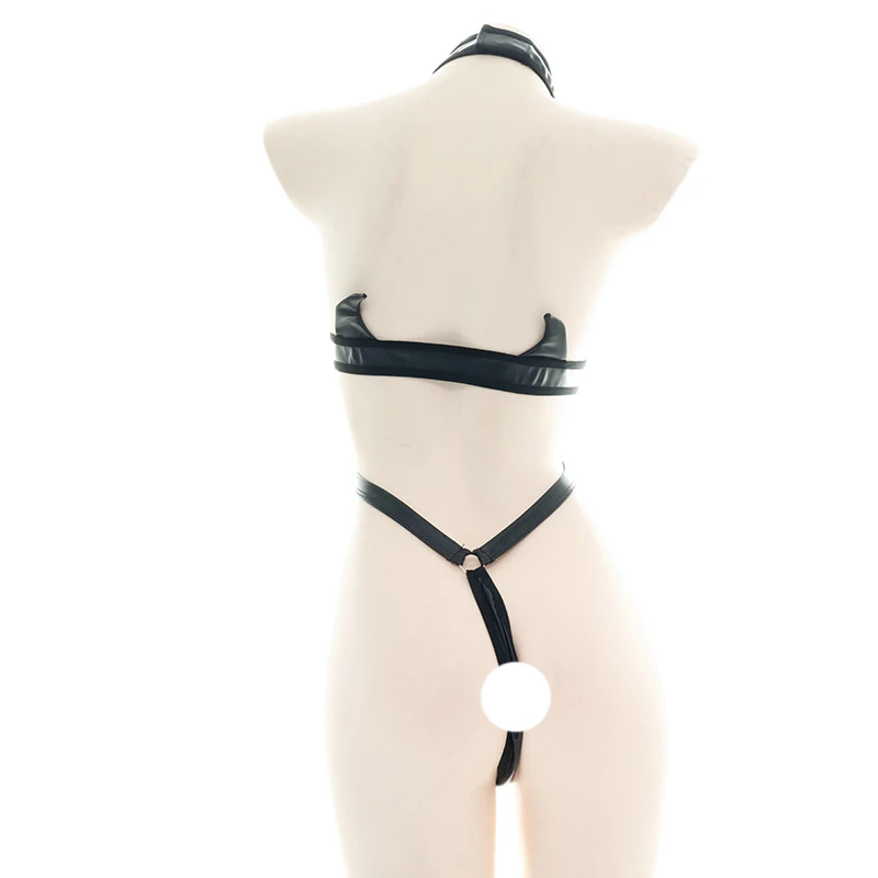 Японский сексуальный женский черный комплект из лакированной кожи 1 бикини