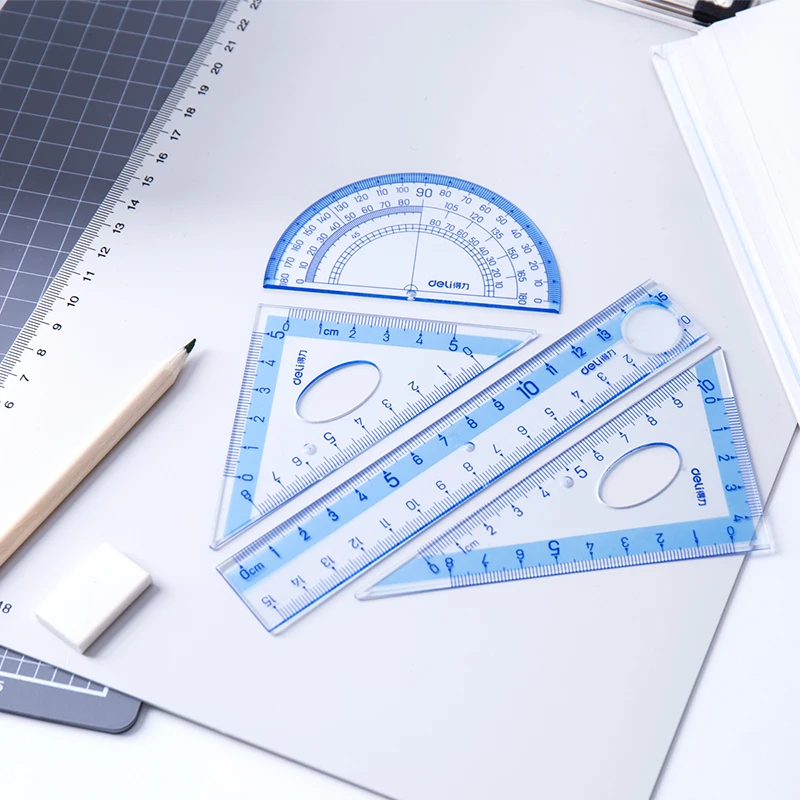 

4pcs / set of Deli 71953 blue multifunctional drawing combination ruler + triangle protractor, student office supplies