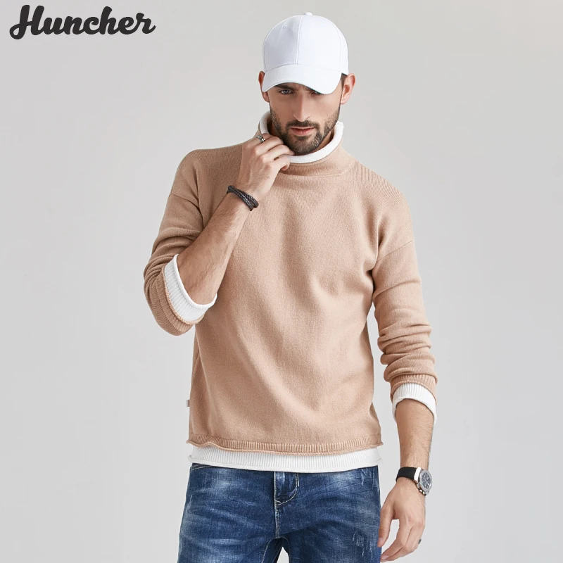 

Мужской свитер Huncher, Мужская водолазка, Осень-зима 2020, повседневный пуловер с высоким воротом, мужской джемпер, пэчворк, хаки, свитер для мужч...