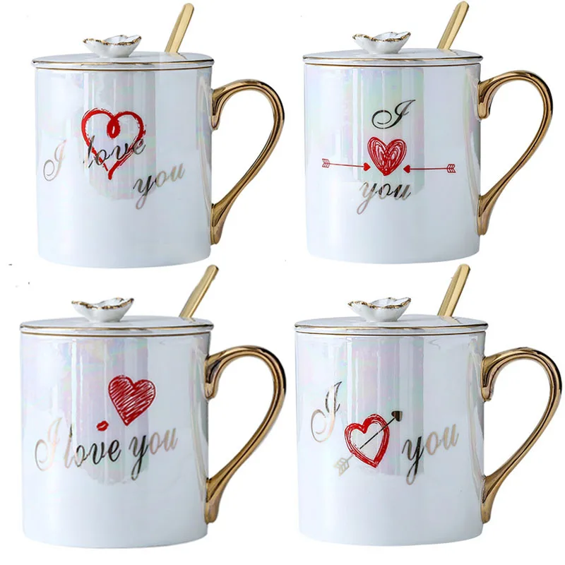 2021 Simple Ceramic Love Mug Water Cup With Lid Spoon Funny Wedding Bridal Shower and Anniversary Gifts Coffee Cups