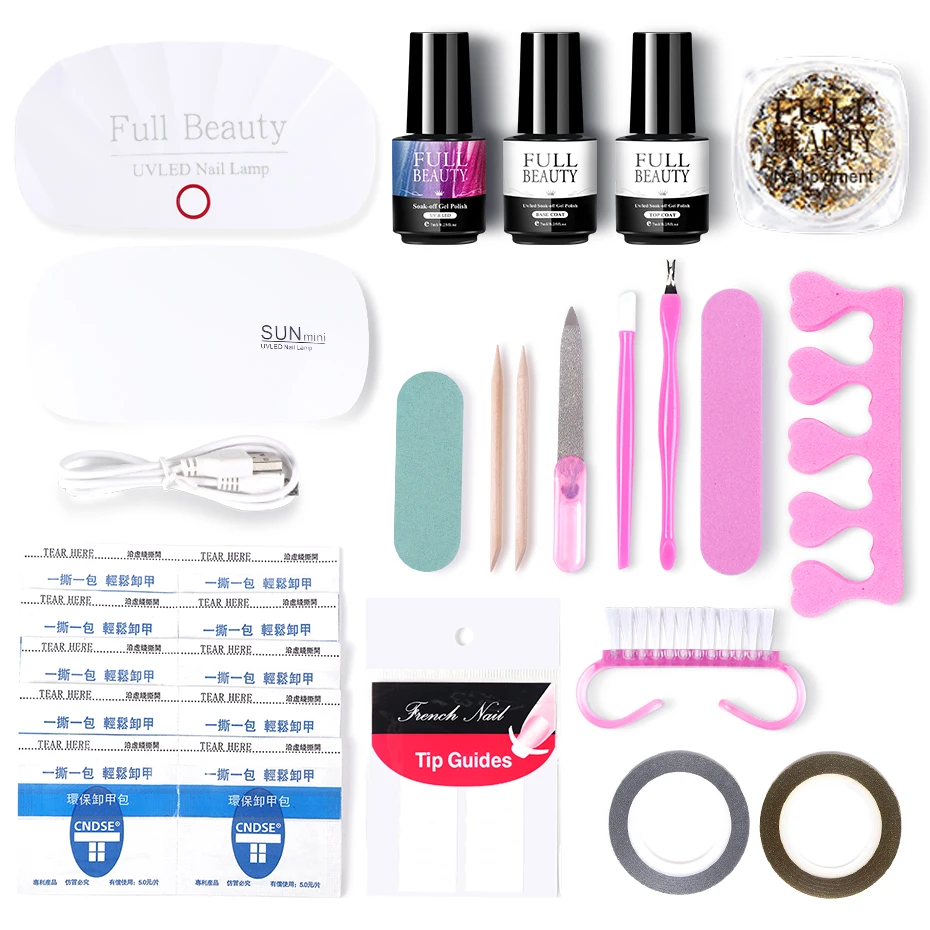 9 Вт УФ лампа для дизайна ногтей набор золотых блестящих гель лаков отмачиваемый