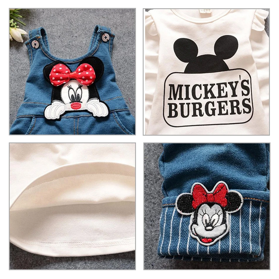 Mickey Minne Cute Girls Clothes Set Cotton Top +Denim Pants Overalls 2PCS Suit Children Suspender Autumn Tracksuits Clothes