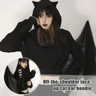 Короткая Толстовка с кошачьими ушками в стиле Харадзюку, готический панк, милый уличный Свободный пуловер, Черный свитшот для женщин, L