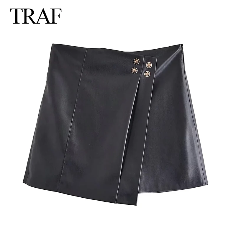 

TRAF ZA 2021 Fashion Shorts Skirts Faux Leather Asymmetry High Waist Shorts Women Office Wear Vintage Chic Black Leather Shorts
