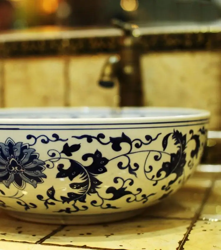 Китайская раковина вертикальная керамическая синяя и белая | Обустройство дома