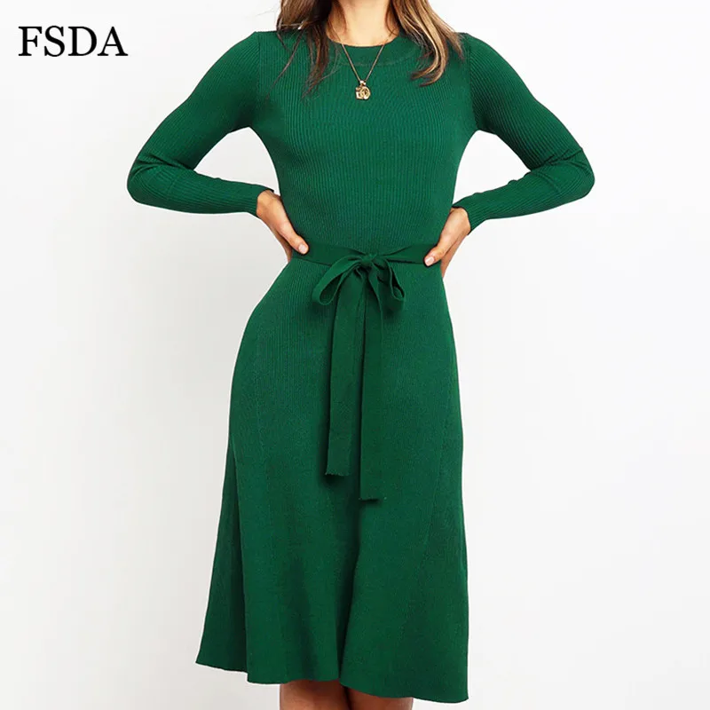 FSDA с круглым вырезом длинным рукавом поясом женское повседневное платье миди
