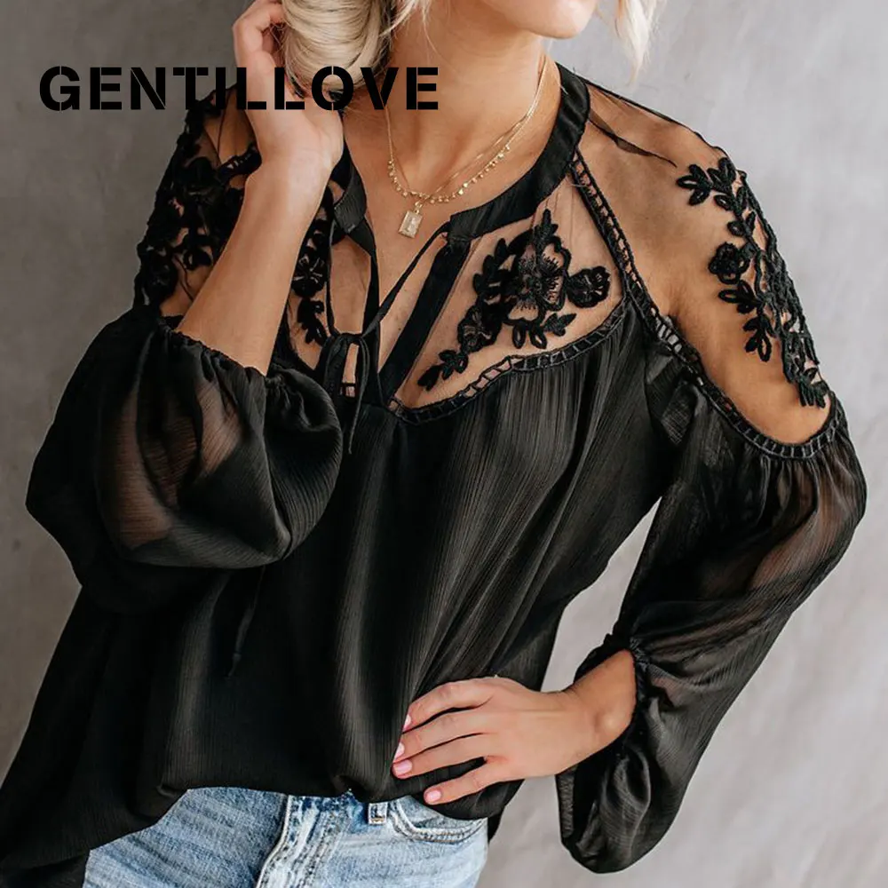 

Женская кружевная блузка Gentillove, черно-белая блузка из шифона с рукавами-фонариками