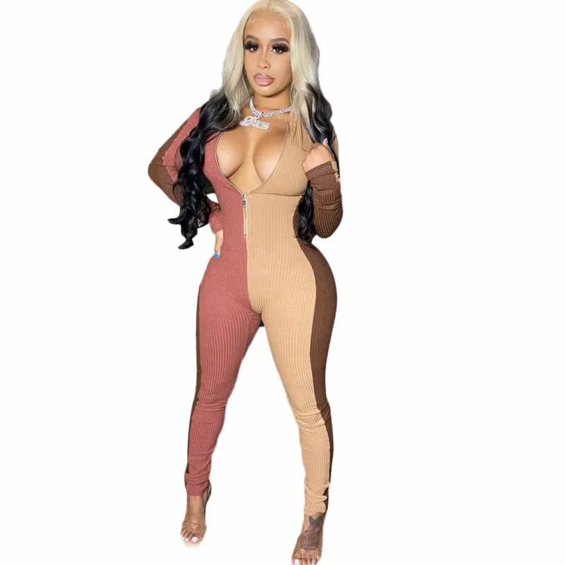 

Осенне-зимний новый сексуальный облегающий женский комбинезон на молнии с v-образным вырезом и длинным рукавом, повседневный комбинезон в с...