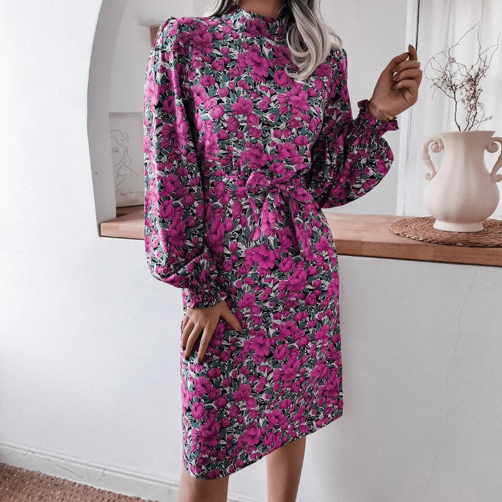

EasyGarment Spring 2021 Floral Stand Collar Lantern Long Sleeve Chiffon Dress Hot Dress Woven Floral Women's Clothing