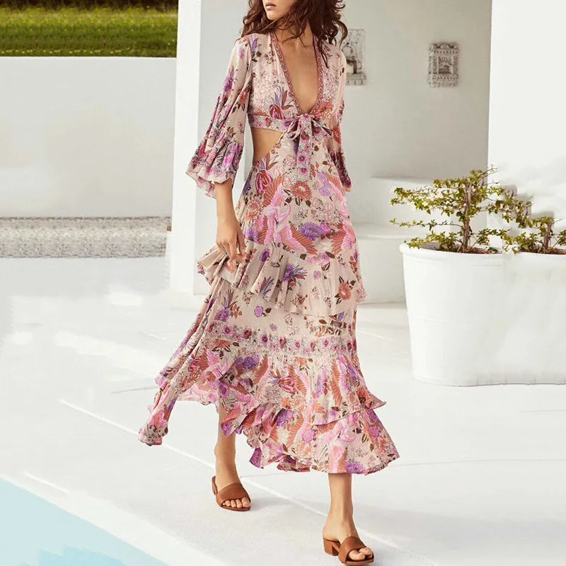 Новейшая мода весна осень Женское платье пляжный стиль розовое Цветочное с