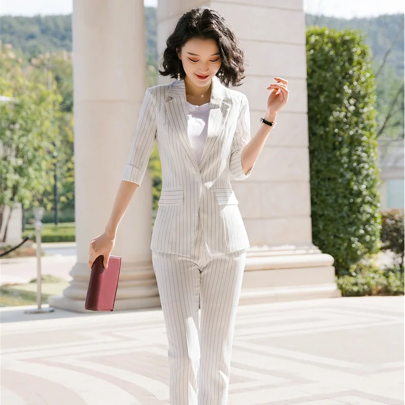 

Fashion Casual Ladies White Striped Blazers Women Business Suits with Pant and Jacket Sets Work Wear Office Uniform Styles