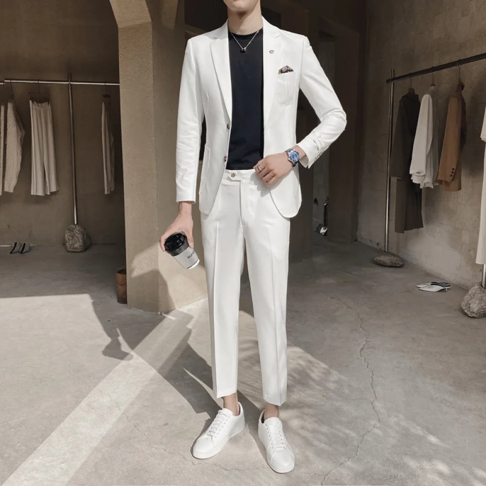 

2020 Spring Summer Pure White Suit Bridegroom Wedding Banquet Suit Two Piece Sets Gentleman Fashion Single Breasted Suit for Men