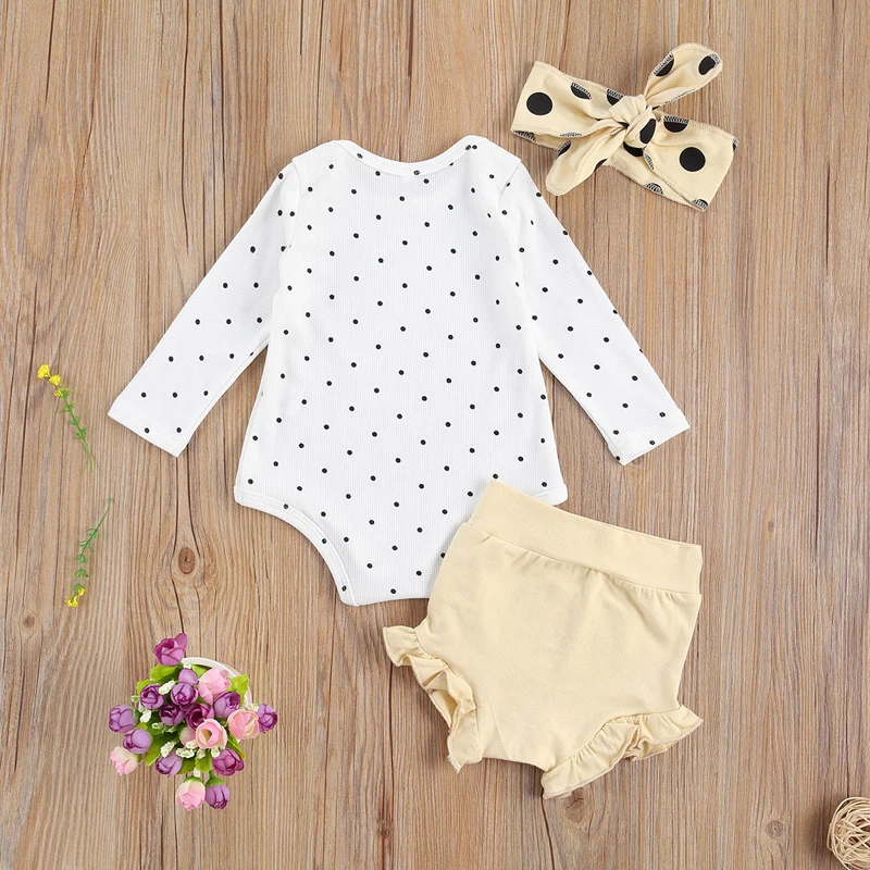 

Pudcoco 3 Piece Baby Romper Pants Headband Suit Full Length Regular Sleeve Round Neck Covered Button Polka Dot Printed Sets