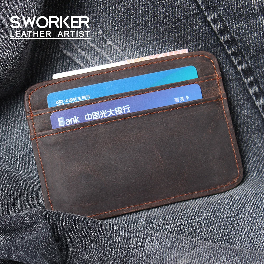 

S.WORKER Винтажный держатель для карт из натуральной воловьей кожи, мужской мини-чехол для карт, держатель для кредитных карт Crazy Horse, Ретро стил...