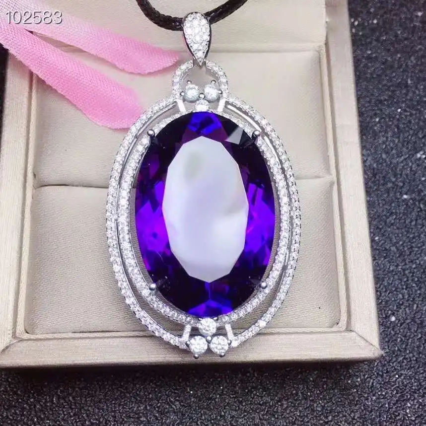 Подвеска с аметистом на натуральный настоящий Аметист ожерелье цельное серебро