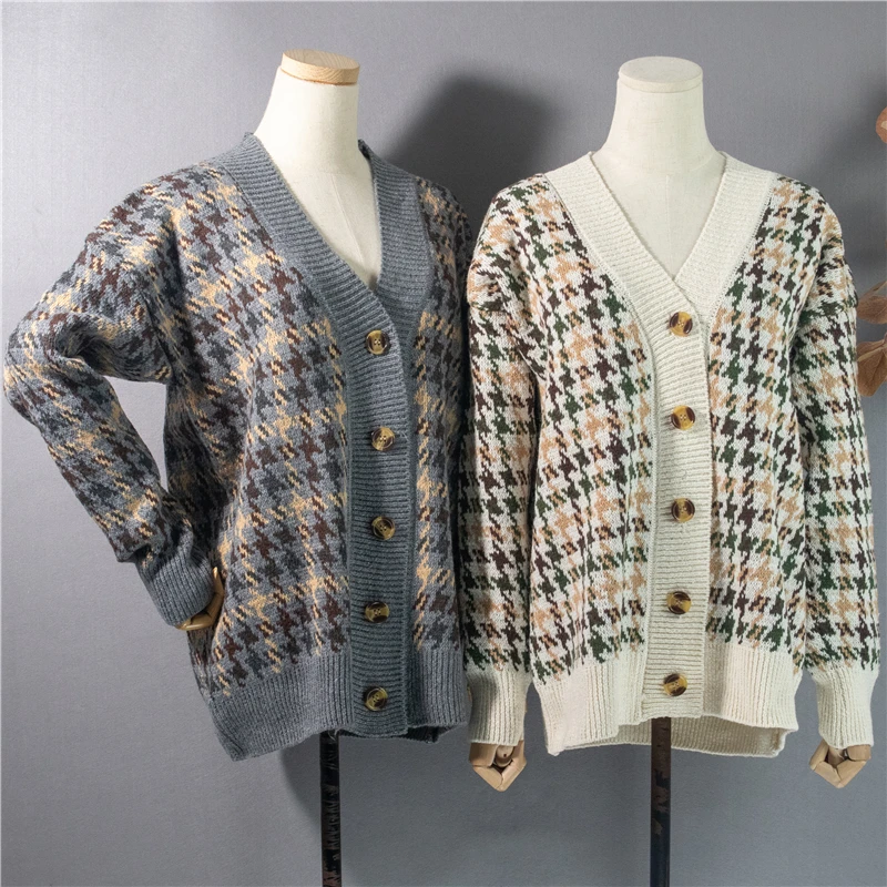 

Korean Houndstooth Cardigans Women Long Sleeve Single-breasted Knitted Cardigan Female Winter Jacket Sweaters Sueter Mujer