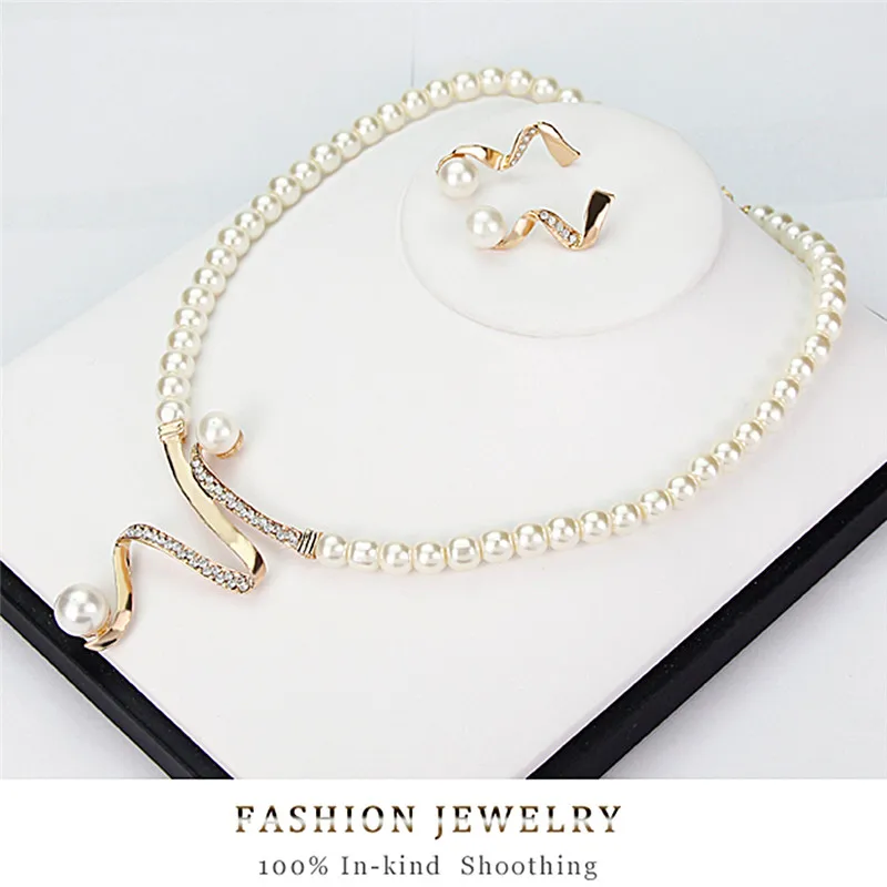 

1 Set Women Bridal Wedding Party Pearl Rhinestone Necklace Earrings Jewelry 1 Pcs Necklace And 1 Pair Earrings