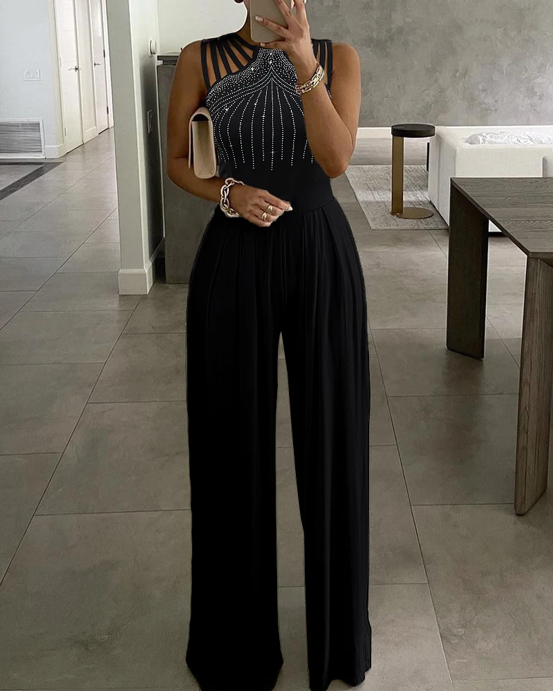 

Women Studded Cutout Ruched Wide Leg Jumpsuit New Elegant Round Neck Sleeveless Long Pants Office Lady Casual Clothing 2021 New