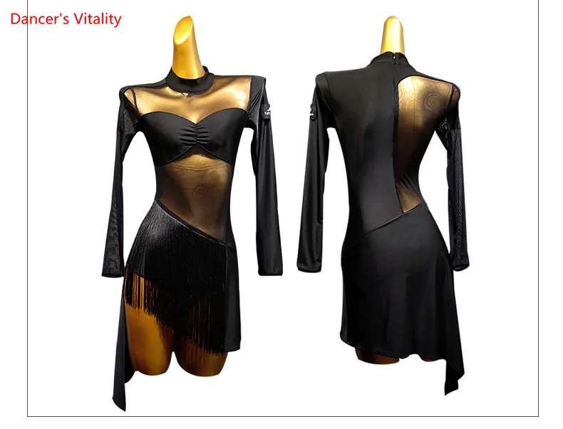 

Women Adult New Dress Fringed Skirt Long Sleeve Latin Dance Dress Oriental Dance Dress Black S-XL Free Delivery