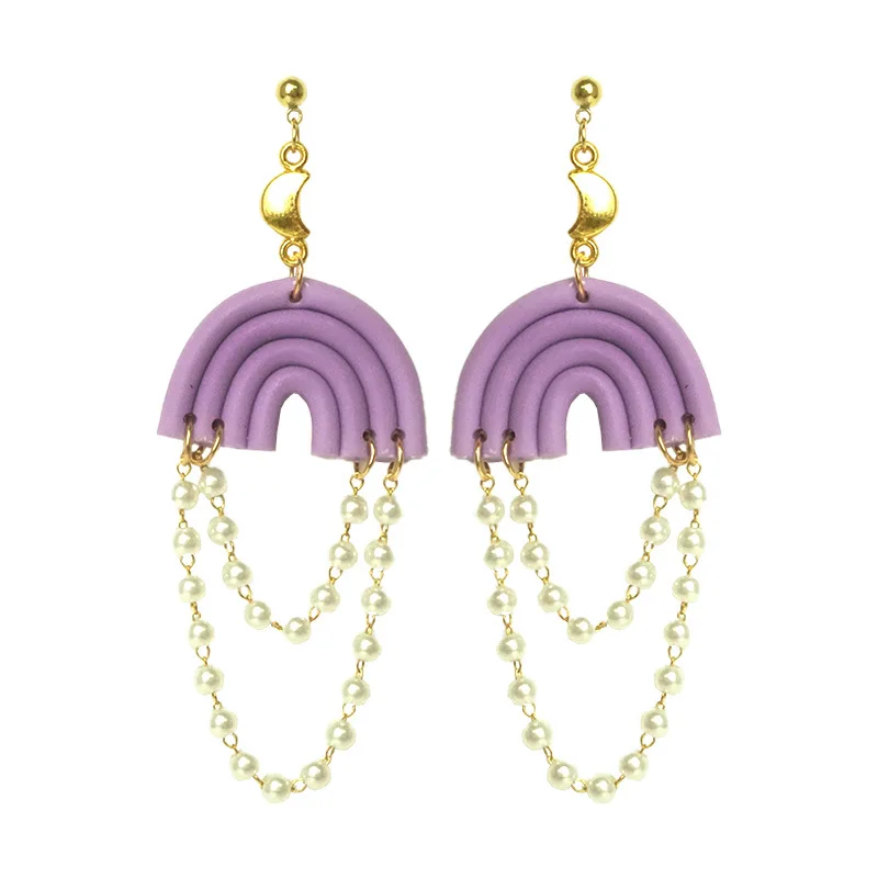 

LOVOACC Handmade Polymer Clay Rainbow Moon Dangle Earring for Women Girls Fashion Beaded Metal Imitation Pearl Earring Jewelry