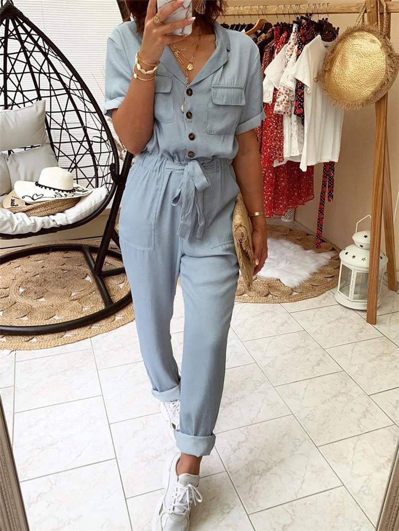 Женский комбинезон из хлопка и льна с коротким рукавом пуговицами|Женские