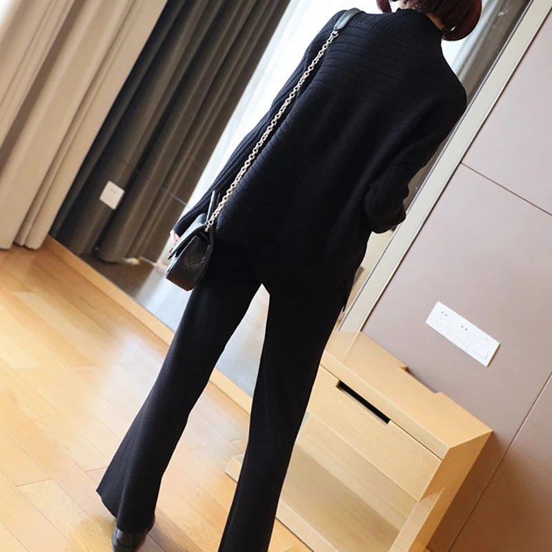 

Sister Fara 2021 New Spring Pants Two-Piece Fashion Clothes+Casual Knitted Wide-Leg Pants 2 Piece Suit Female Turtleneck Sweater