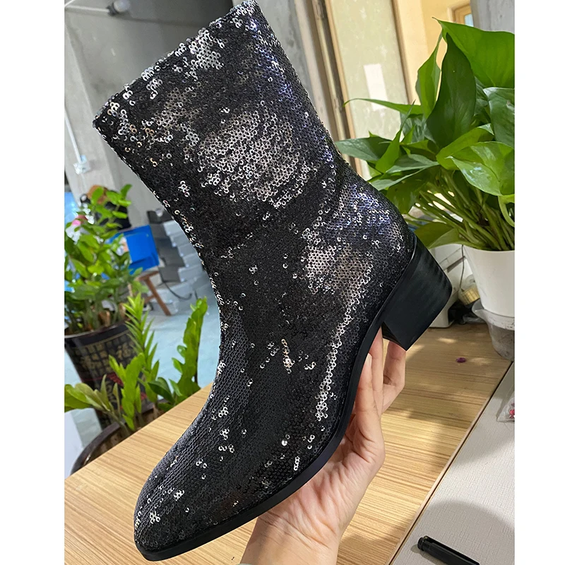 

Black Sequined Ankle Boots Women Pointed Toe Embroidery High Heel Boots Female Real Leather Party Boots