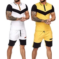 tracksuit color block drawstring men short sleeve lapel t shirt shorts set for fitness