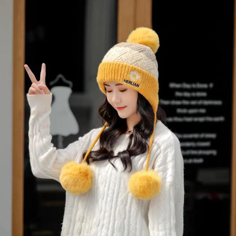 Новинка 2020 зимние вязаные шапки женские с помпоном в стиле пэчворк шапки-ушанки