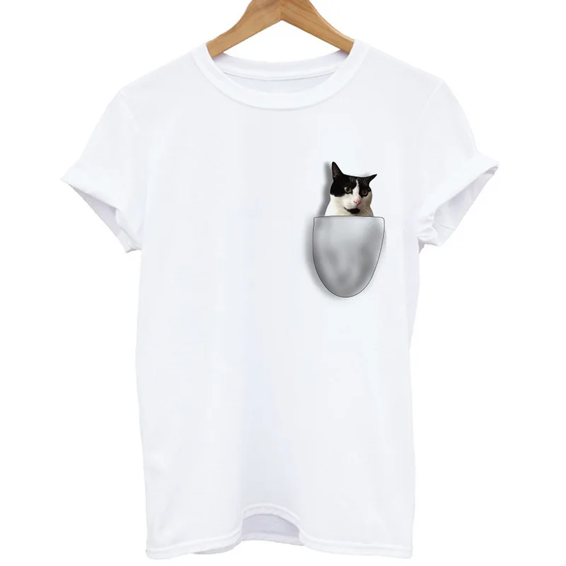SINGRAIN женская футболка с милым карманом и принтом кота повседневные хлопковые