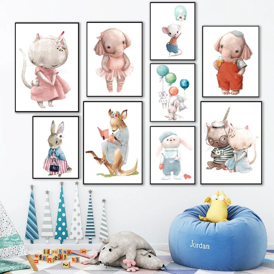 

Elephant Rabbit Mouse Cat Kangaroo Balloon Flower Hat Wall Art Canvas Painting Wall Pictures Kids Room Nordic Posters And Prints