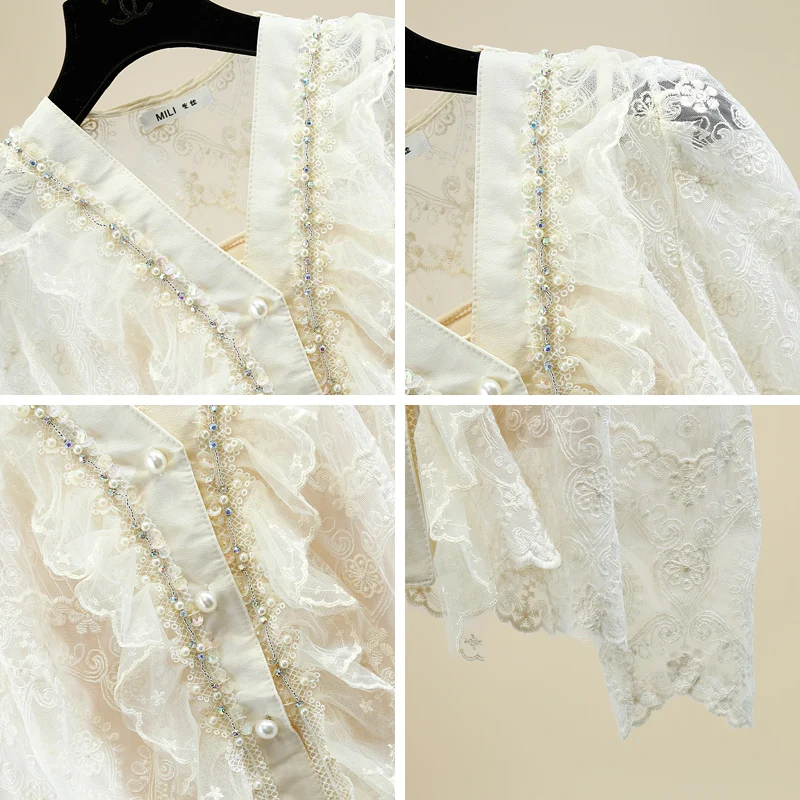 2021 Spring Women Blouse Embroidery Fashion Tops Trendy Girls Lace Hollow Out V Neck Beading Shirt Women