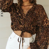 fantoye 2020 chiffon leopard printed womens blouses autumn sexy v neck ruched drawstring bandage shirt casual long sleeve tops